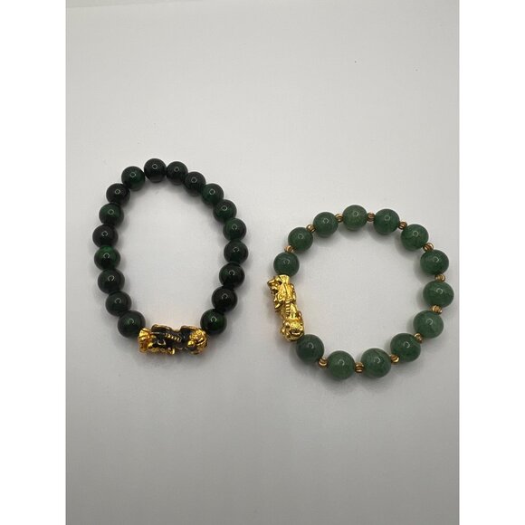 Green Jade Glass Beaded Bracelets With Gold Pi Xiu Charms 6.5" & 7" Sizes Stretc - Picture 1 of 7